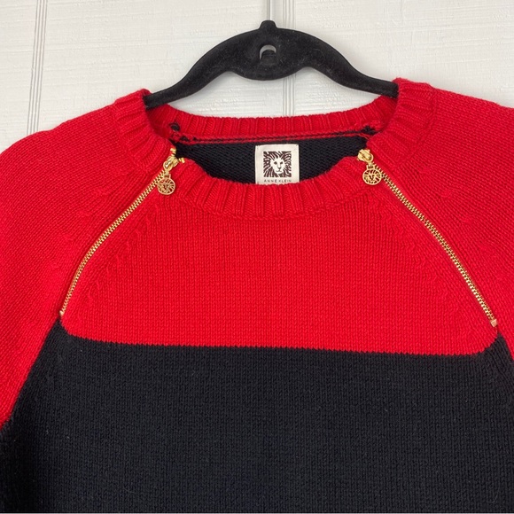 Anne Klein Red & Black Knit Sweater Color Block Gold Zippers Crewneck M - Picture 2 of 7